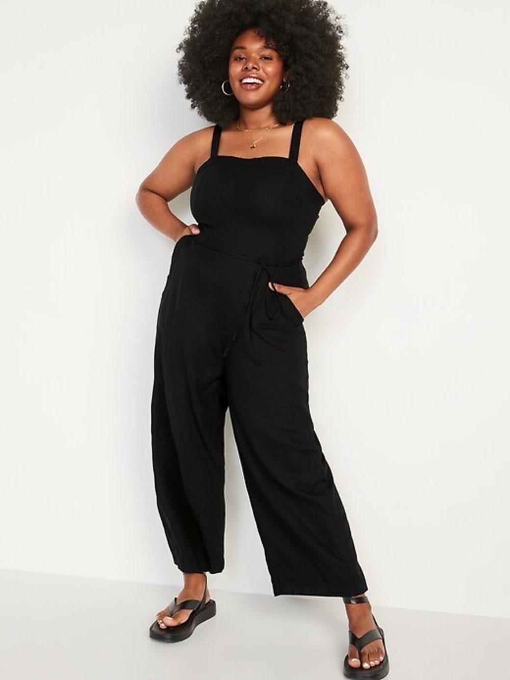 Button-Front Linen-Blend Cami Jumpsuit, Black Large